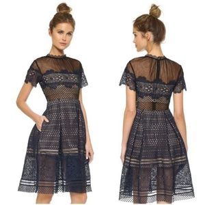 Self-Portrait Felicia Embroidered Midi Dress Navy Cocktail Party Blue Lace